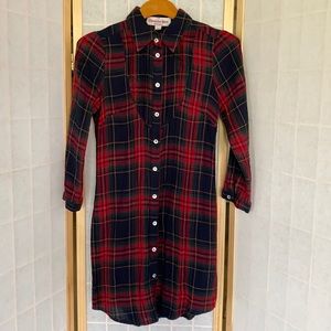 Red & Blue Button Up Flannel 3/4 Sleeve Dress